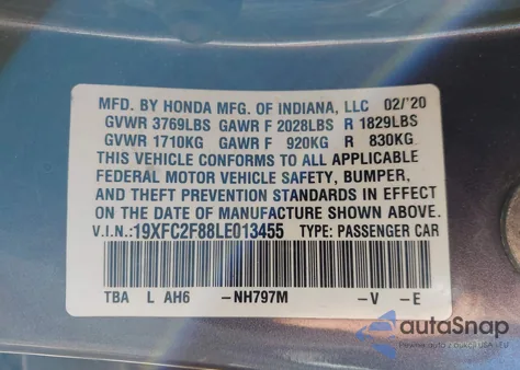 2020 Honda Civic Sport from USA, damaged, VIN 19XFC2F88LE013455